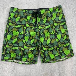 HippyTree Board Shorts Men 38 Green Forest Leaf Mushroom Print Aquatic Division